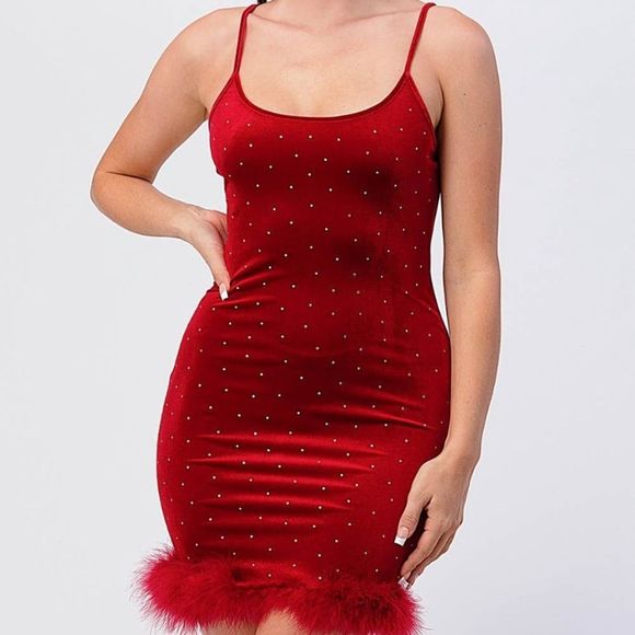 Dresses & Skirts - Red Velvet Rhinestone Mini Dress